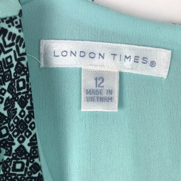 London Times Halter Maxi Dress Womens 12 Turquoise Black Geometric Print - Picture 7 of 14